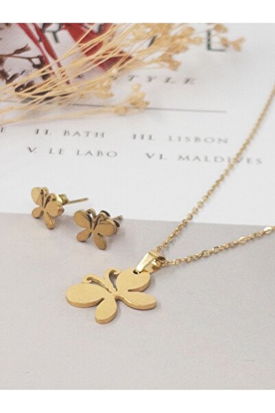 Siya Silver Kararmaz Çelik Kelebek Model Kolye Küpe Seti