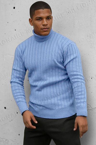 Millionaire Men's Light Blue Turtleneck Winter Knitwear Sweater