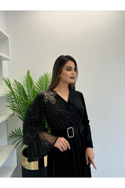White Corner 2364 TÜL DETAYLI KADİFE ELBİSE