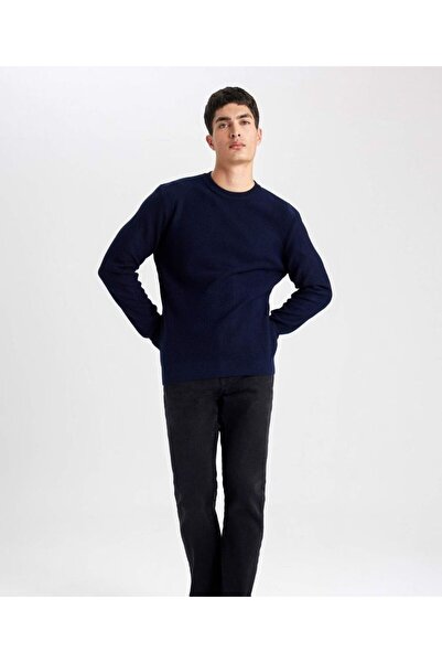Lonca Tekstil Navy Blue Men's Regular Cut Crew Neck Basic Plain Knitwear Sweater