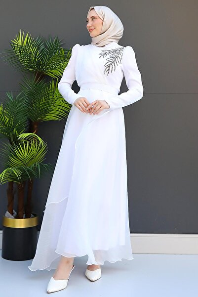 giz astore Taşlı Organze Abiye Beyaz