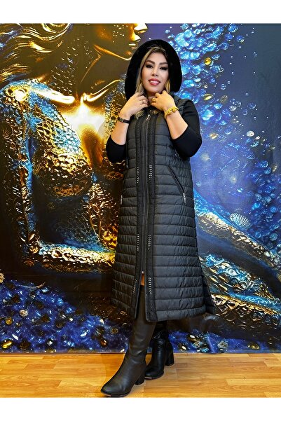 Yeşilmoda yelek Çikabilir uzun şişme yelek kapüşonlu siyah kürklü kadin kolsuz  yirtmaç detaylı taşlı yelek
