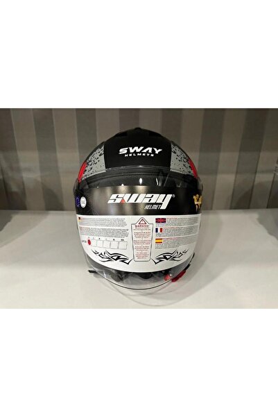 Sway 715 Şeffaf Vizörlü Yarım Motosiklet Scooter Kaskı S Beden Poison Black Grey Red