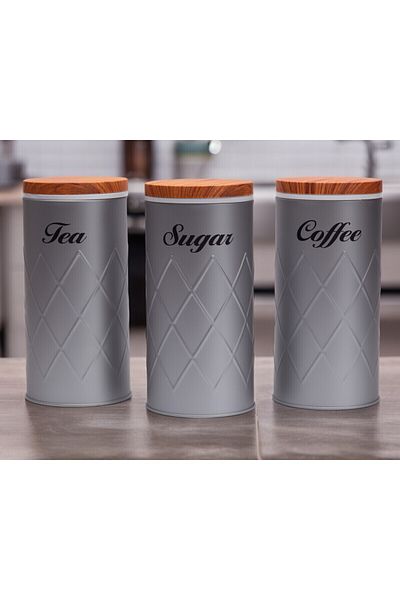 SIRÇA SEPETİ Metal Tea Coffee Sugar Storage Set 3 Pieces - with Vacuum Lid, Gray Jar