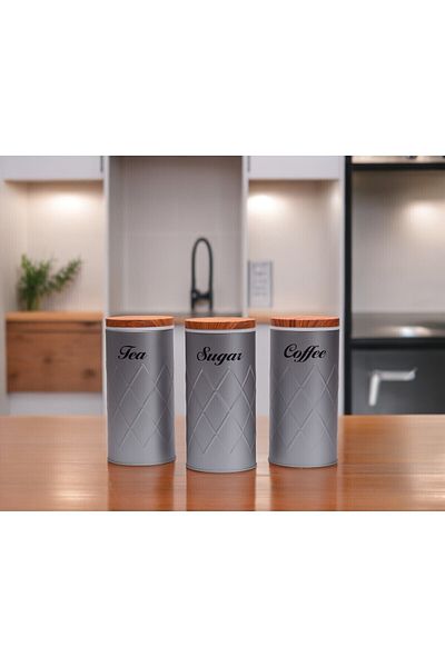 SIRÇA SEPETİ Metal Tea Coffee Sugar Storage Set 3 Pieces - with Vacuum Lid, Gray Jar