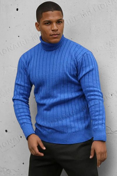 Millionaire Men's Blue Turtleneck Winter Knitwear Sweater