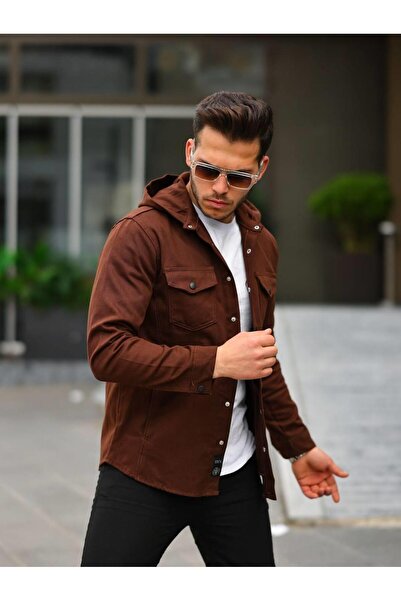 Pobudo Kahve Renk Kapüşonlu Kot Ceket