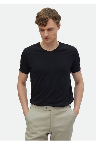 Ramsey Μαύρο T-Shirt από βαμβακερό μείγμα - Απλό λαιμόκοψη V