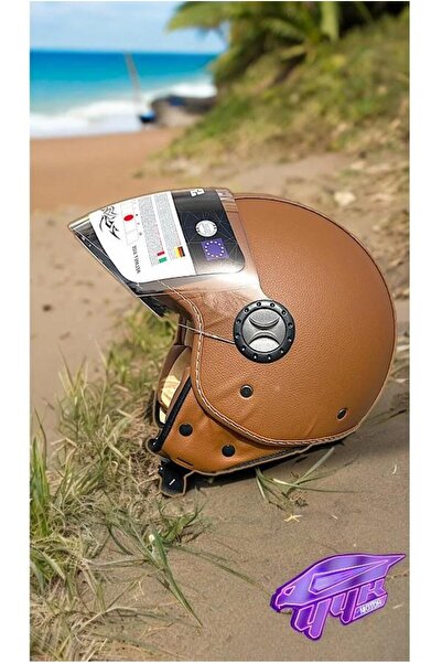 Sway 701 Deri Kaplı Yarı Camlı Elektrikli Bisiklet Motosiklet Scooter Kaskı XL Beden Kahve