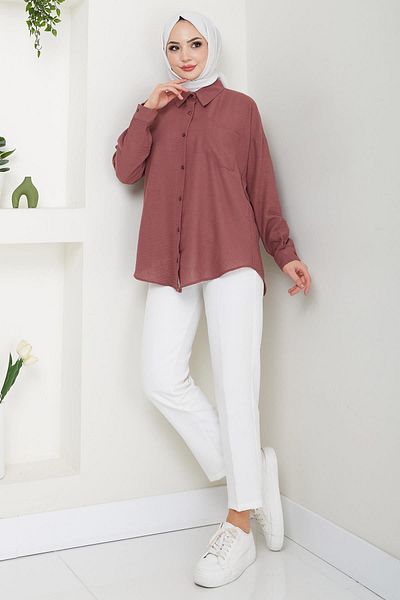 hafsamina Μονό τσέπη μακρυμάνικο λινό πουκάμισο Dusty Rose HM2651