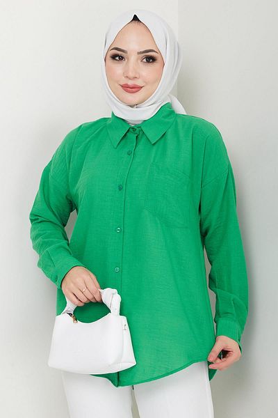 hafsamina Μονό τσέπη μακρυμάνικο λινό πουκάμισο Oversize Πράσινο HM2651