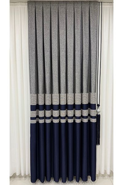 Fon Dünyası Luxury Board Background Curtain Grey Navy Blue (Single Wing)