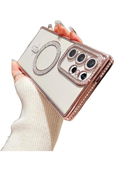 UnDePlus Samsung Galaxy S24 Ultra Kılıf Simli Magsafe Kamera Kenar Taşlı Kapak