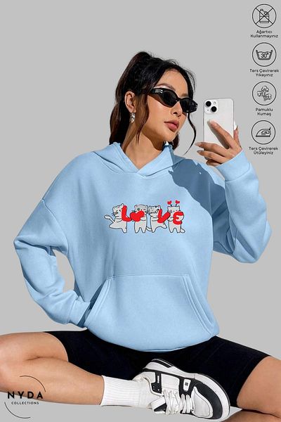 Nyda Collections Love Cat Printed Unisex Oversize Βαμβακερή κουκούλα - Μακρυμάνικο, Φούτερ με κουκούλα