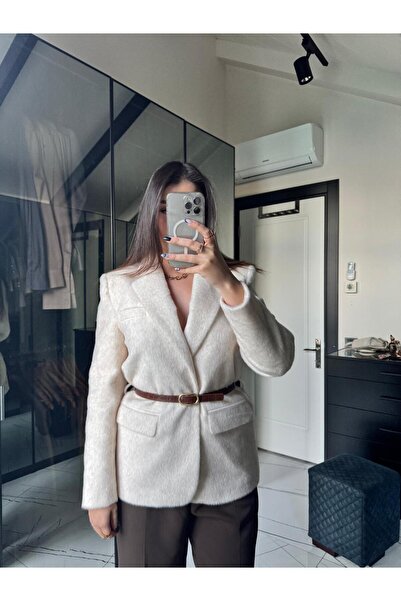SHELA Peluş Kemerli Krem Ceket