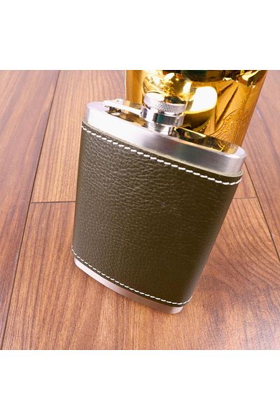 PERLOTUS 8 oz 235 Cc Khaki Green Handmade Leather Case Steel Whiskey Pocket Flask with Funnel