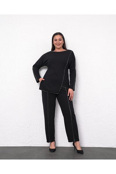 Butik Nilyam Women's Plus Size Crew Neck Glitter Stripe Detail Blouse Stretchy Pants Evening Dress Suit 24514