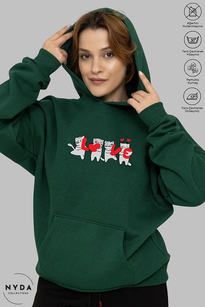 Nyda Collections Унисекс памучен суичър с качулка и щампа Love Cat - голям ръкав