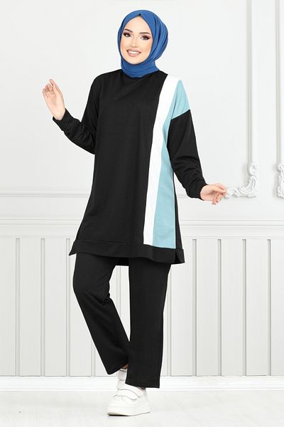 ModaMerve طقم حجاب أسود - تفاصيل شريطية، موديل 9114PL940-M