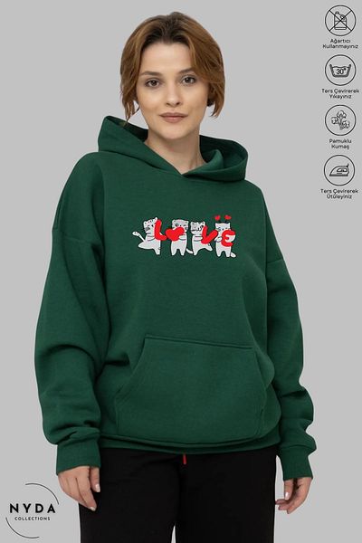 Nyda Collections Унисекс памучен суичър с качулка и щампа Love Cat - голям ръкав
