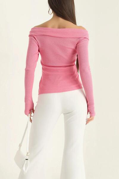 Mossta Boat Neck Finger Snap Ribbed Blouse Pink