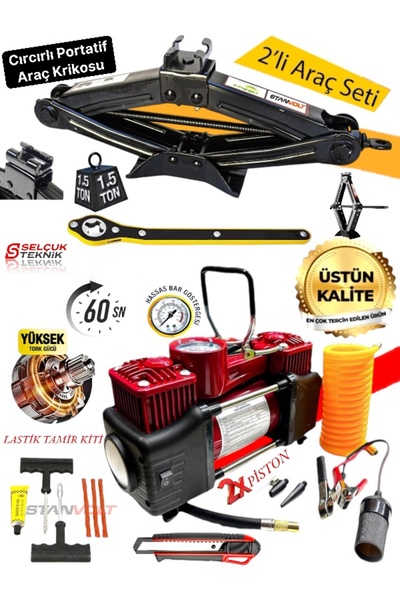 STANVOLT Oto Lastik Şişirme Çift Silindirli Hava Kompresörü+Kriko CırCır Koll...