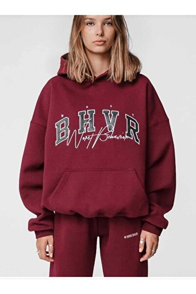 KOZİA OUTDOORS سويت شيرت بغطاء للرأس باللون العنابي من Malkoçbey مقاس كبير لل...