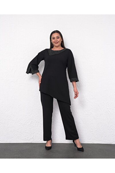 Butik Nilyam Women's Plus Size Glitter Scarf Collar Detail Blouse Stretchy Pants Evening Dress Suit 24514