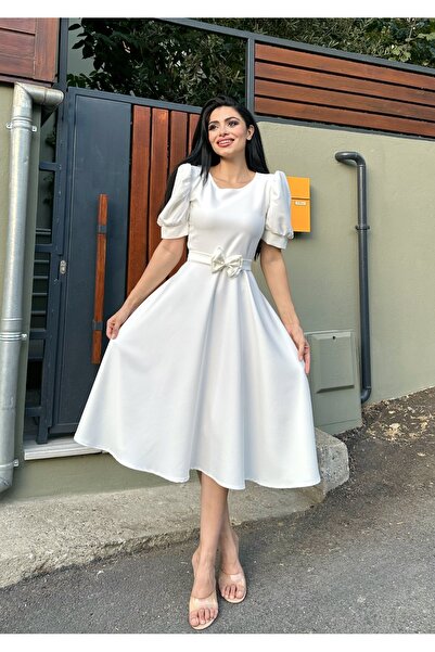 KÜÇÜĞÜM BUTİK Beyaz Karpuz Kol Kloş Krep Elbise