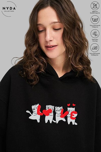 Nyda Collections Love Cat Printed Unisex Oversize Cotton Hoodie - Long Sleeve, Hooded Sweatshirt