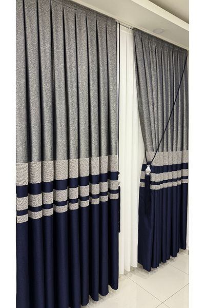 Fon Dünyası Luxury Board Background Curtain Grey Navy Blue (Single Wing)