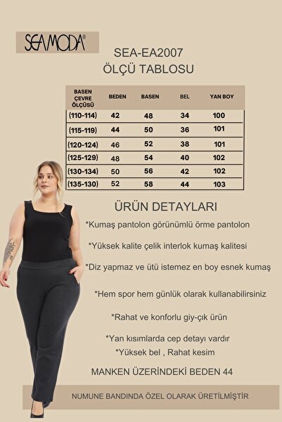 Seamoda Plus Size Elastic Waist Pocket Steel Interlock Knitted Lycra Trousers-Anthracite