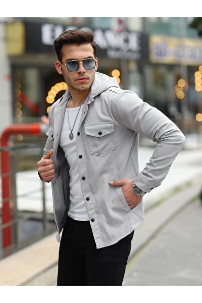 Pobudo Gri Renk Kapüşonlu Kot Ceket