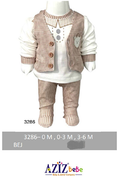 Aziz Bebe Beige Plaid Bear Patterned 3-Piece Vest Set - Size 0-3-6 Legs