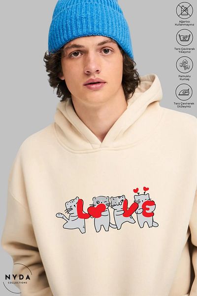 Nyda Collections Love Cat Printed Unisex Oversize Cotton Hoodie - Long Sleeve, Hooded Sweatshirt