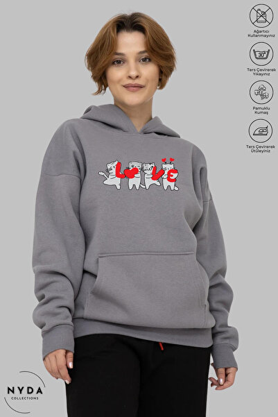 Nyda Collections Love Cat printirana unisex pamučna majica sa kapuljačom - du...