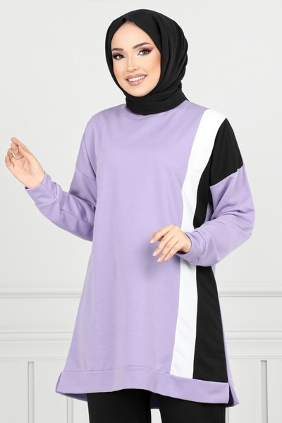 ModaMerve Stripe Detailed Hijab Suit 9114Pl940-M Lilac&Black