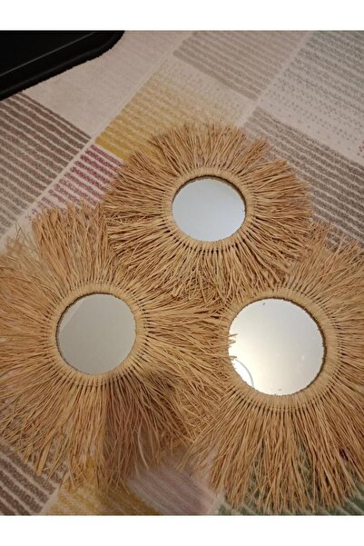 FITMEQ bohem Dekoratif Üçlü Bohem Ayna Seti Rafya Ayna Hasır Pano Duvar Süsü ...