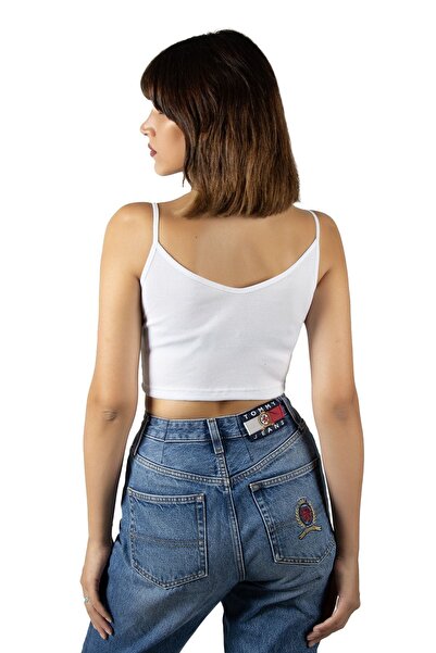 ADEGO White Thread Strap Fitted / Fitted Corduroy Knitted Crop Top Blouse