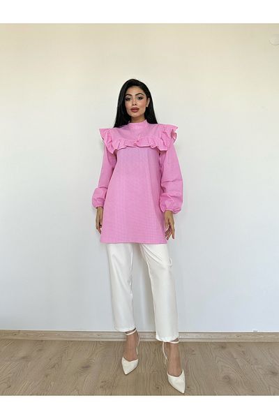 KÜÇÜĞÜM BUTİK Pink Polka Dot Frilly Long Poplin Tunic