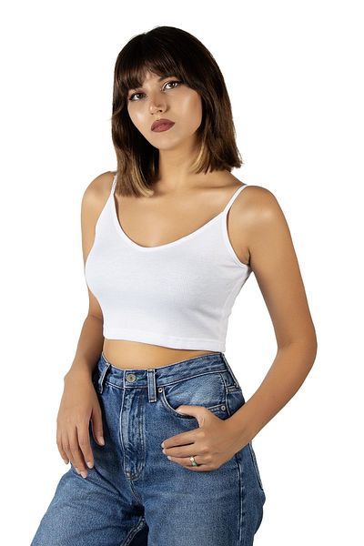 ADEGO White Thread Strap Fitted / Fitted Corduroy Knitted Crop Top Blouse
