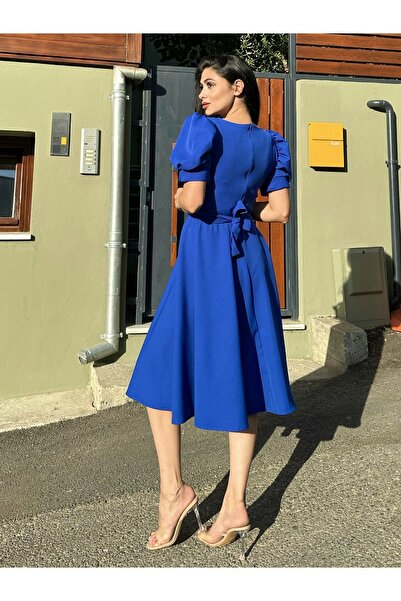 KÜÇÜĞÜM BUTİK Φόρεμα κρεπ μίντι μήκους Saks Blue Watermelon Sleeve Flared