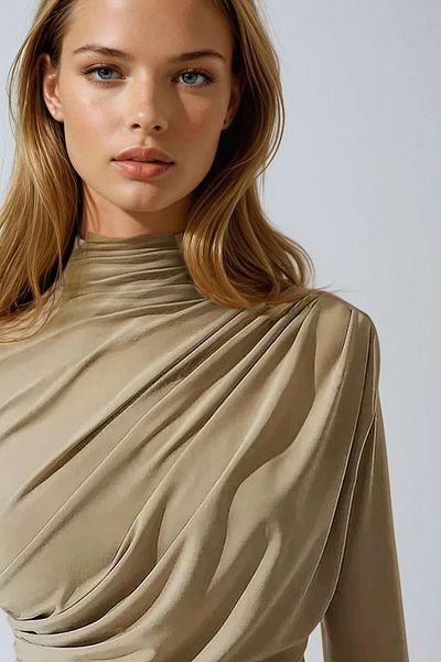 VAGGON Kadın Koyu Bej Yarım Balıkçı Drape Detaylı Sandy Bluz Prm1360