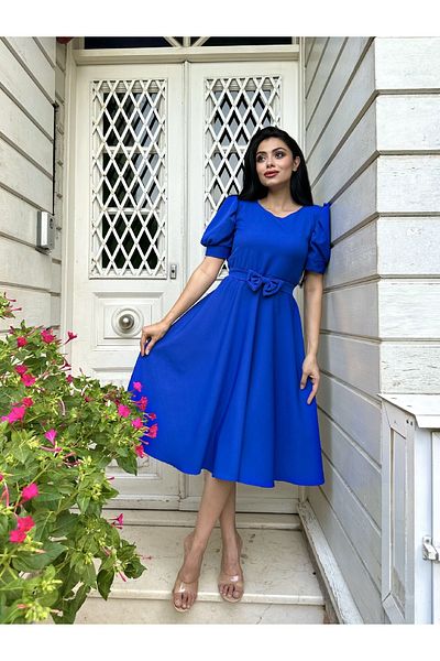 KÜÇÜĞÜM BUTİK Rochie midi din crep cu mâneci pepene verde Saks