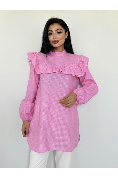 KÜÇÜĞÜM BUTİK Pink Polka Dot Frilly Long Poplin Tunic
