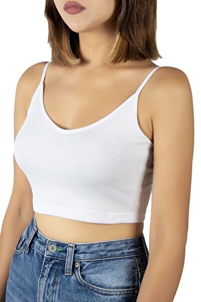ADEGO White Thread Strap Fitted / Fitted Corduroy Knitted Crop Top Blouse