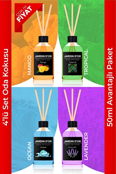 JARDIN D'OR 4'lü Çubuklu Oda Kokusu Seti - Avantajlı Paket (LAVANTA-MANGO-TROPIKAL-OKYANUS) Reed Dıffuser