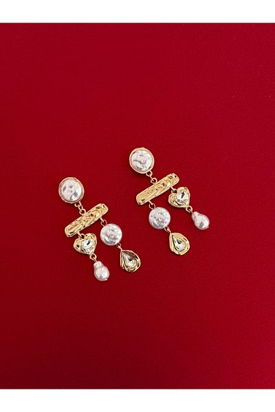Luparadis Ns-Zr Model Heart &amp;   Drop Detail Pearl Gold Earrings