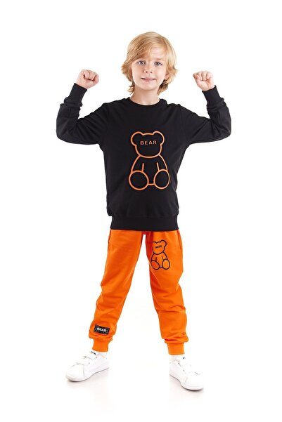 AHENGİM Boy's Seersucker Teddy Bear Printed Trend Tracksuit Set Ak2530