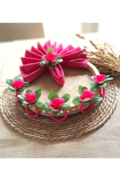 ÖZCHOME 6'lı Pembe Yeşil Çiçek Peçete Yüzüğü Halkası,yemek Masası Süsü